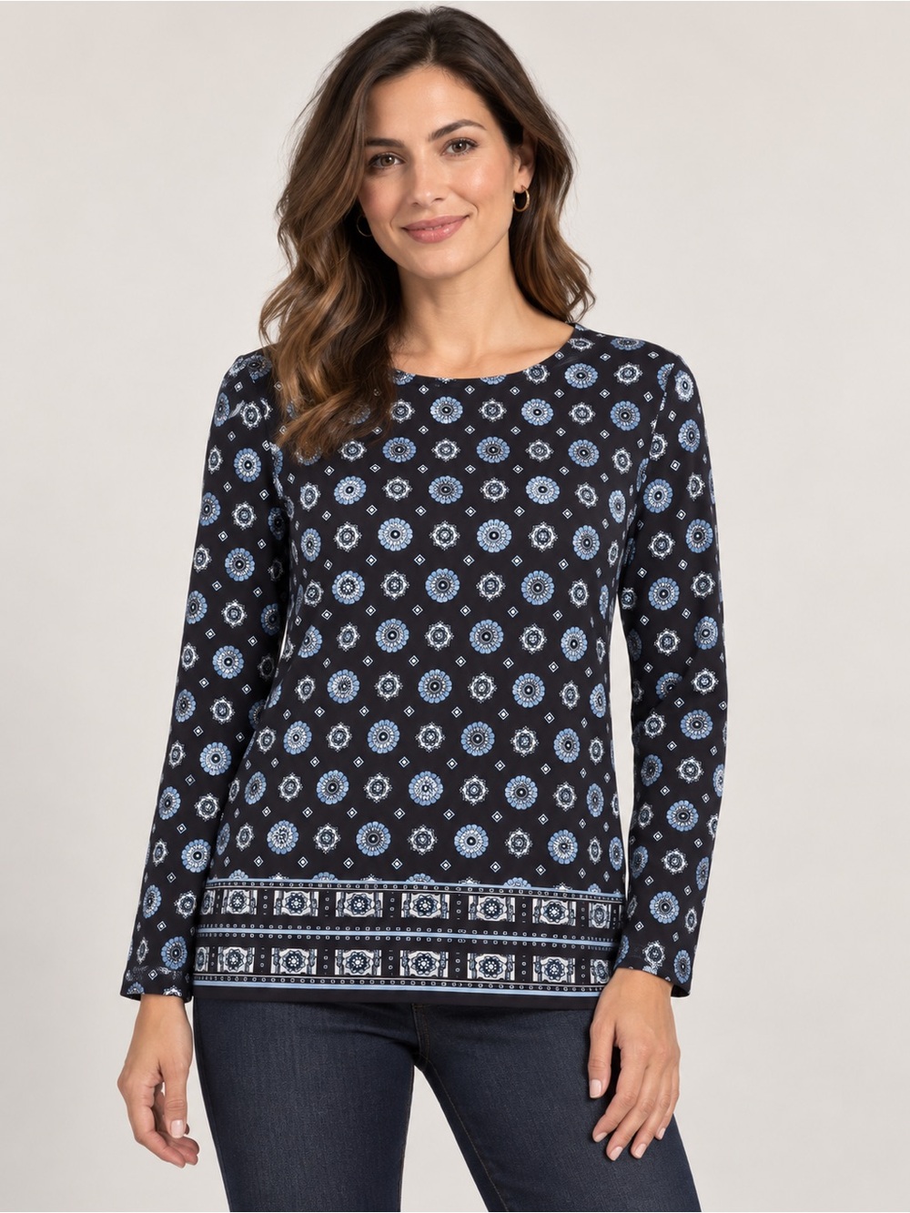 MICHAEL Michael Kors Navy Medallion Print Long Sleeve Top Size M 19PTP